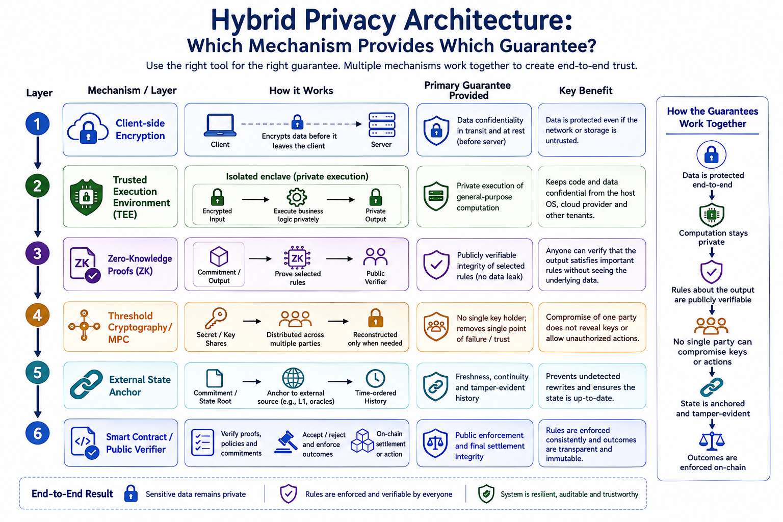 Hybrid privacy architecture mapping client-side encryption, TEEs, zero-knowledge proofs, threshold cryptography, external state anchors, and smart contracts to the specific guarantees each mechanism provides.