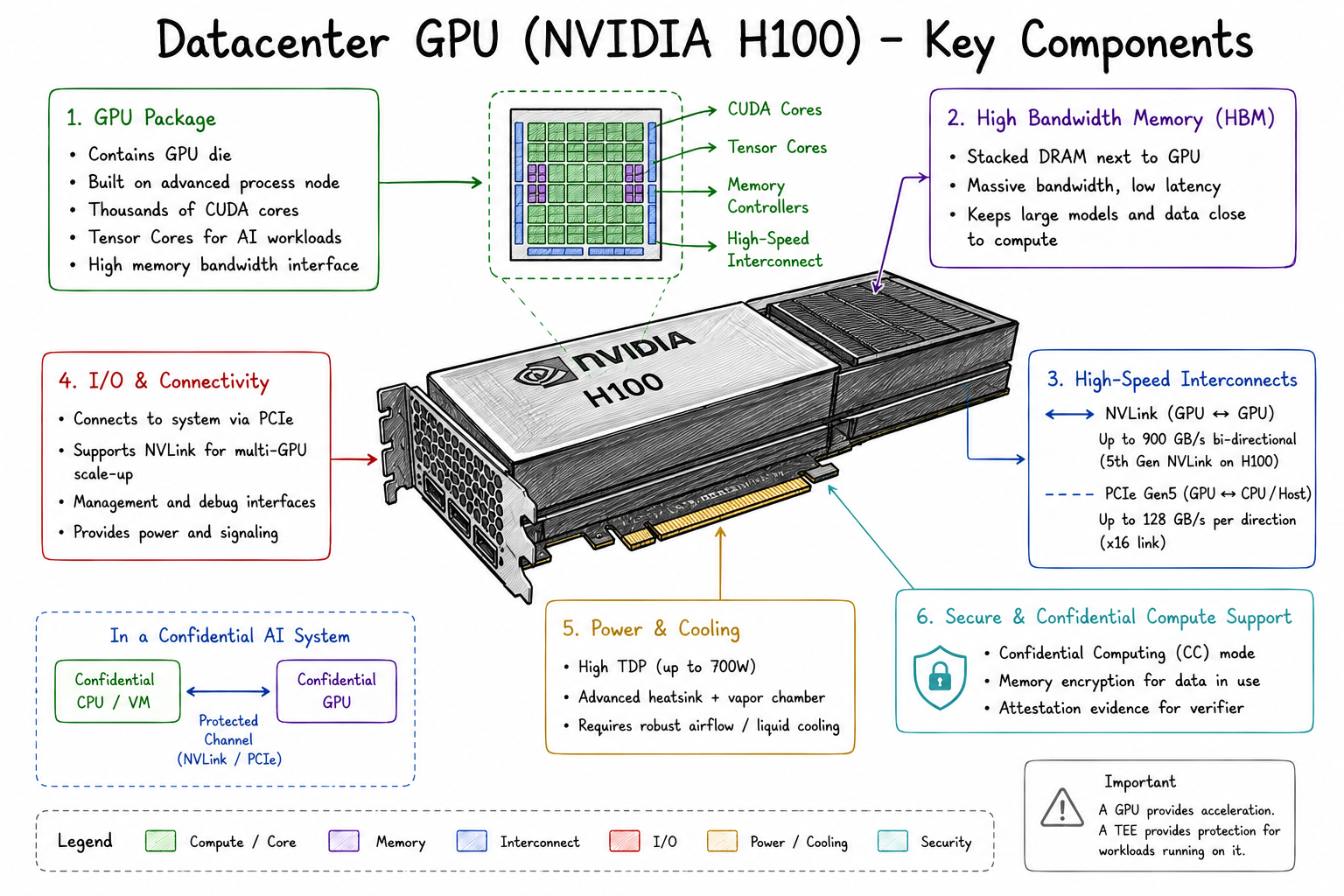 Datacenter GPU architecture showing the GPU package, HBM, high-speed interconnects, I/O, cooling, and its role inside a confidential CPU-GPU computing system.