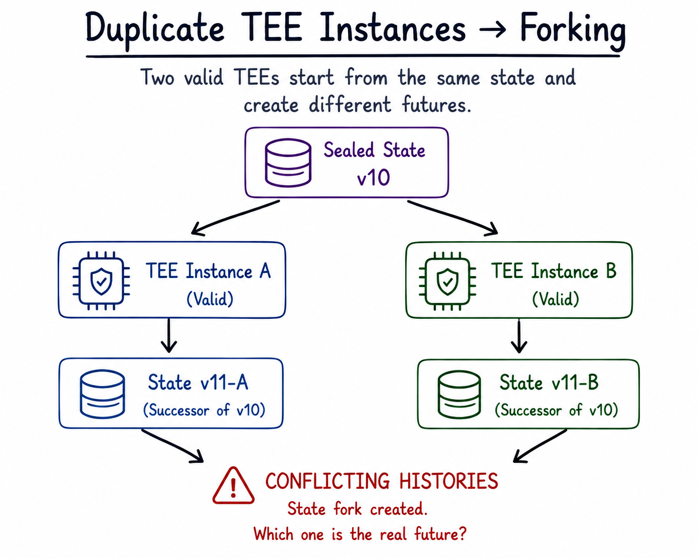 Two valid TEE instances start from the same sealed state and independently produce different successor states, creating conflicting histories and a state fork.