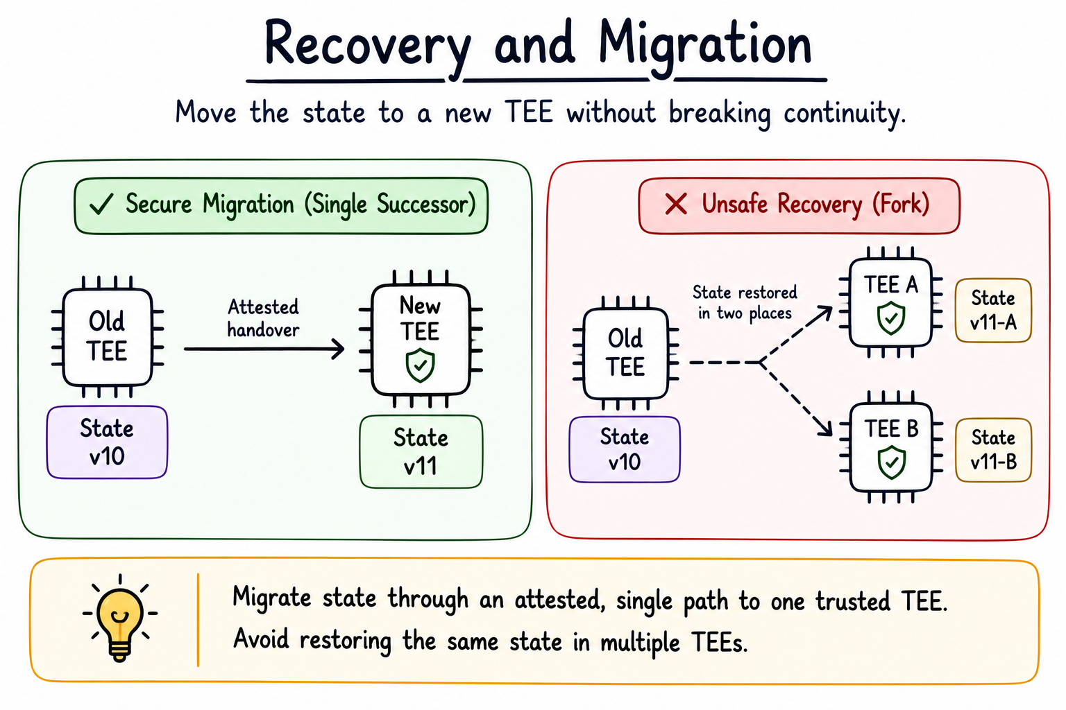 Secure TEE migration showing a single attested handover of state to one successor instance, contrasted with unsafe recovery that restores the same state into multiple TEEs and creates a fork.