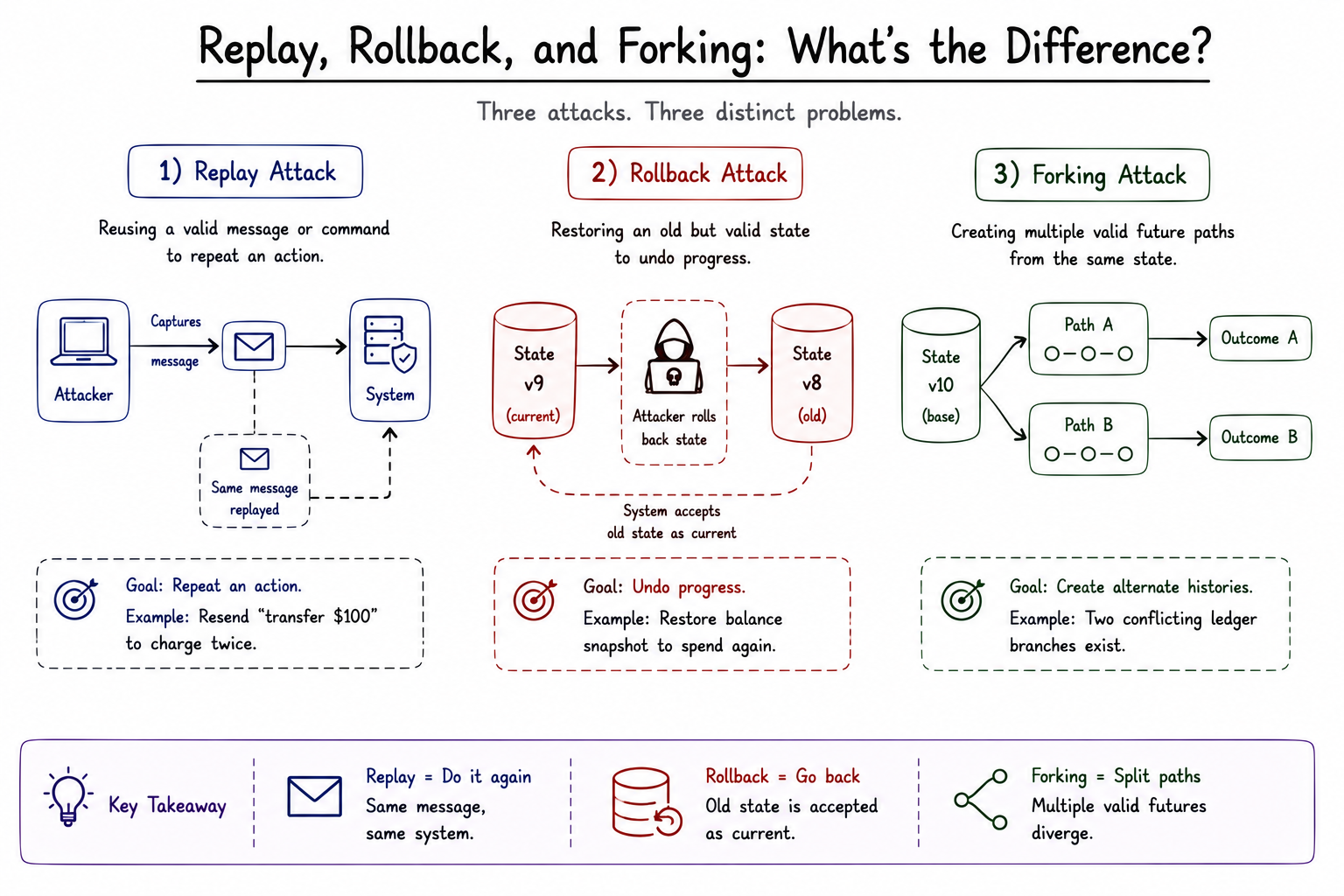 Visual comparison of replay, rollback, and forking, showing repeated valid requests, restoration of an older valid state, and multiple conflicting histories from the same state.